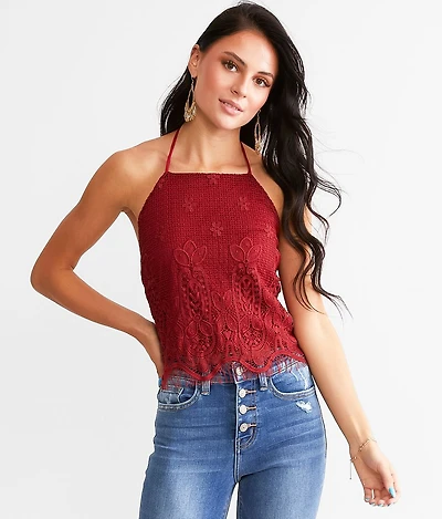 Floral Eyelash Crochet Halter Tank Top