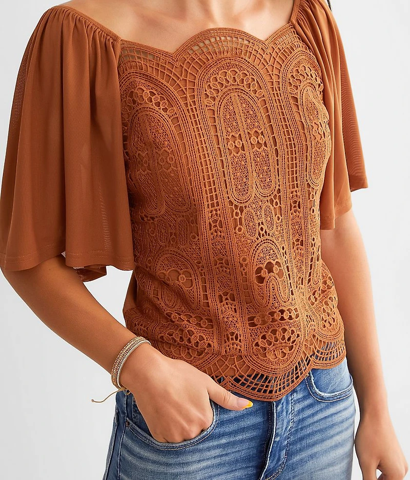 Scalloped Crochet Square Neck Top