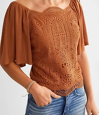 Scalloped Crochet Square Neck Top