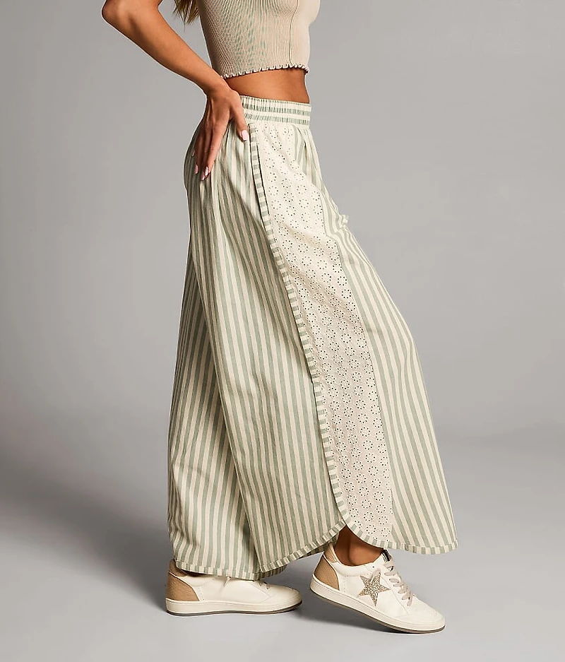 Striped Eyelet Cropped Wide Leg Pant