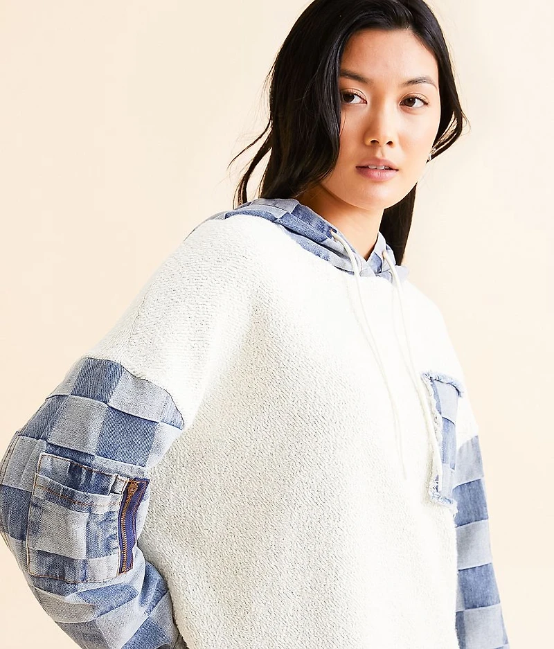 Checkered Denim Hooded Sweatshirt