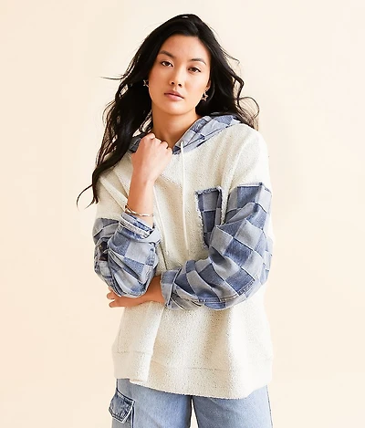 Checkered Denim Hooded Sweatshirt