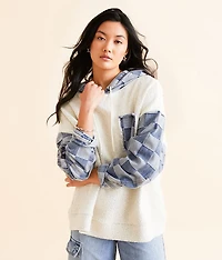 Checkered Denim Hooded Sweatshirt