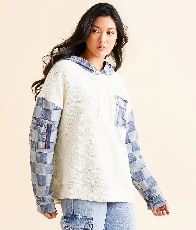 Checkered Denim Hooded Sweatshirt