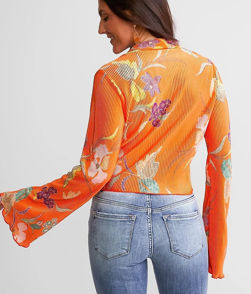 Pleated Floral Cropped Blouse