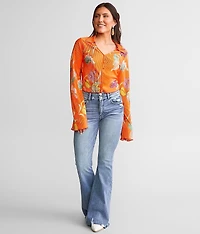 Pleated Floral Cropped Blouse