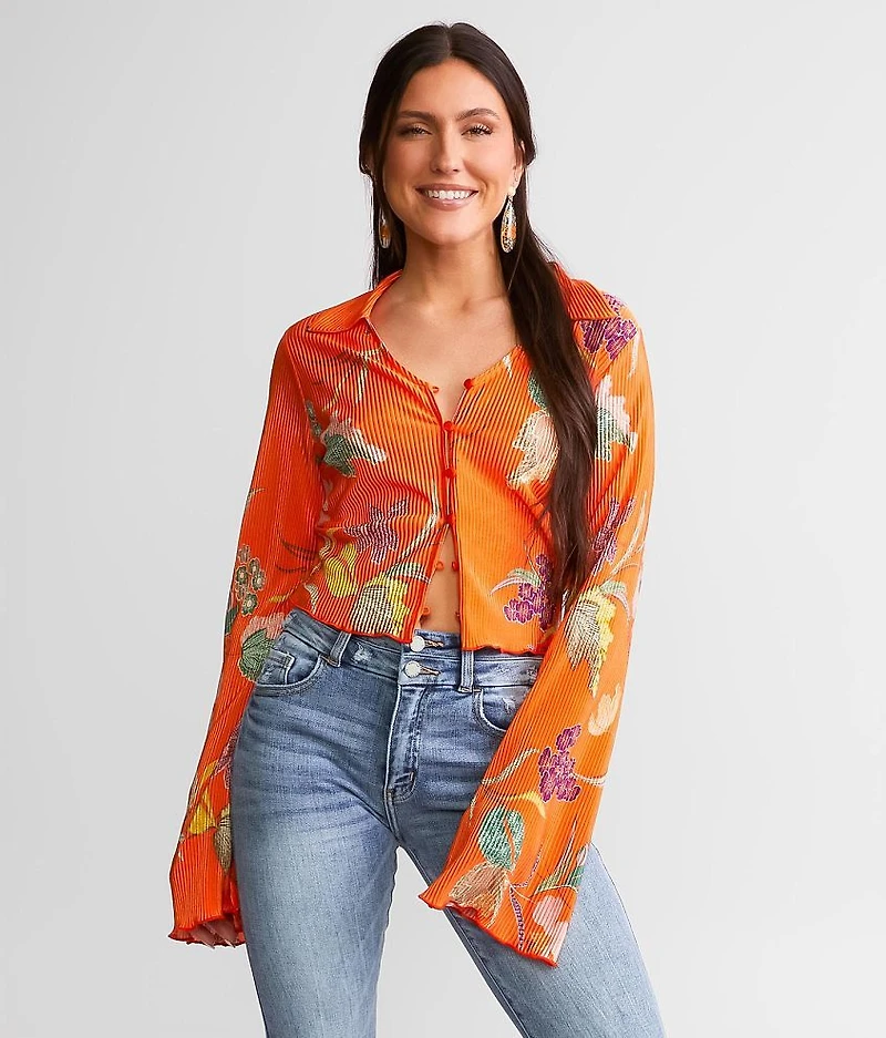 Pleated Floral Cropped Blouse