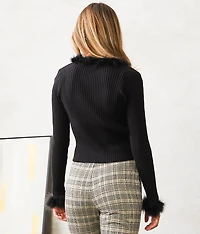 Feather Trim Cardigan Sweater