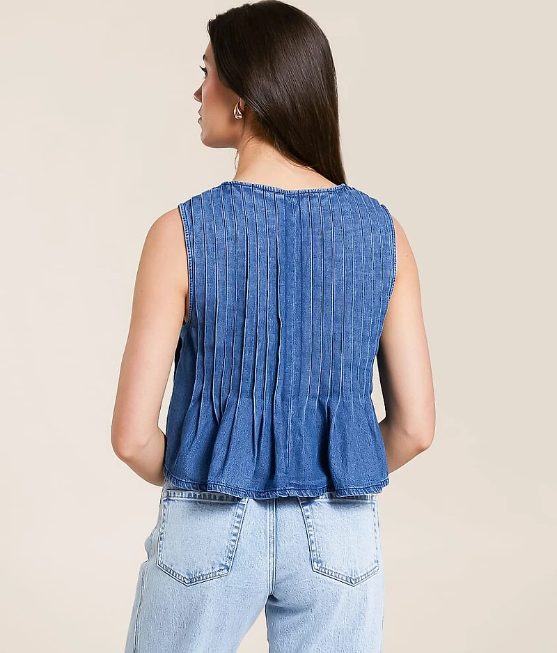Pleated Front Tie Denim Tank Top