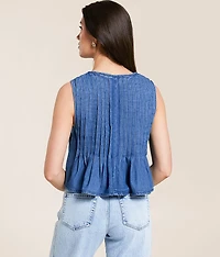 Pleated Front Tie Denim Tank Top