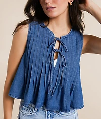 Pleated Front Tie Denim Tank Top