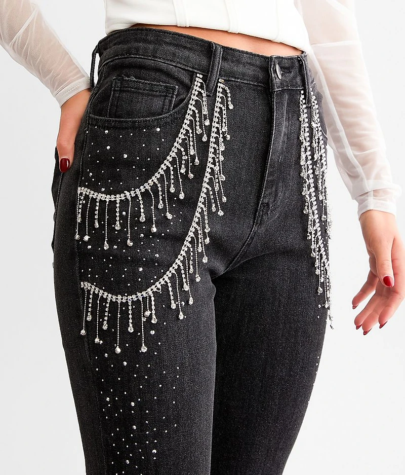 Ultra High Rise Rhinestone Fringe Flare Stretch Jean