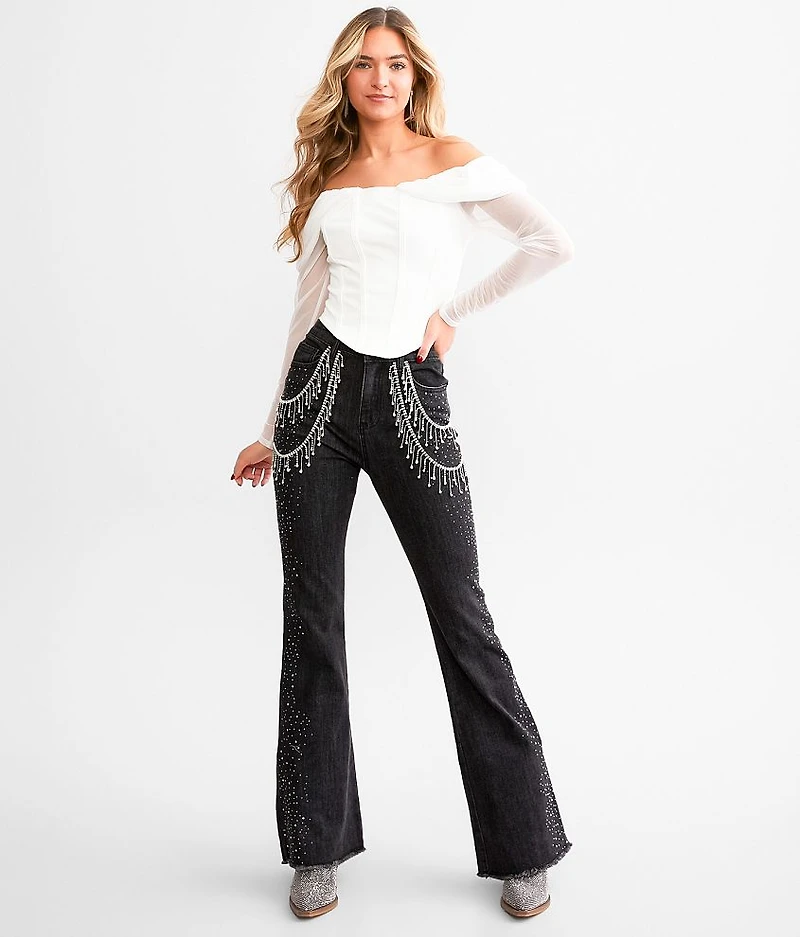 Ultra High Rise Rhinestone Fringe Flare Stretch Jean