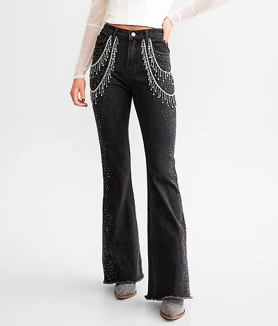 Ultra High Rise Rhinestone Fringe Flare Stretch Jean