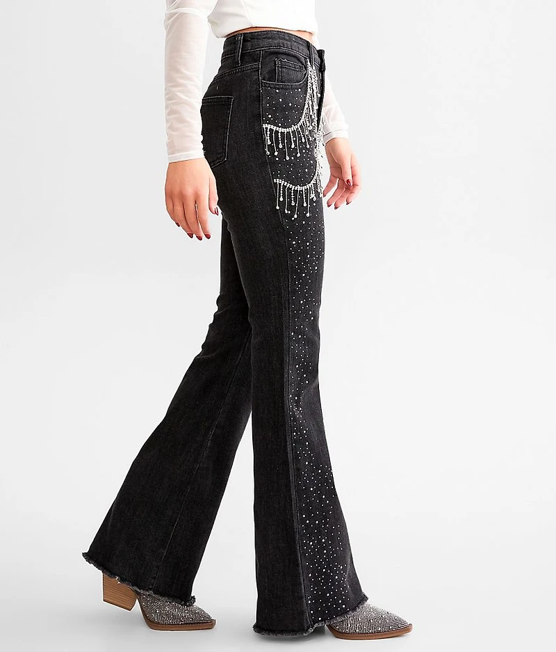 Ultra High Rise Rhinestone Fringe Flare Stretch Jean