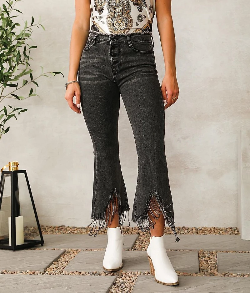 Rhinestone High Rise Cropped Flare Stretch Jean