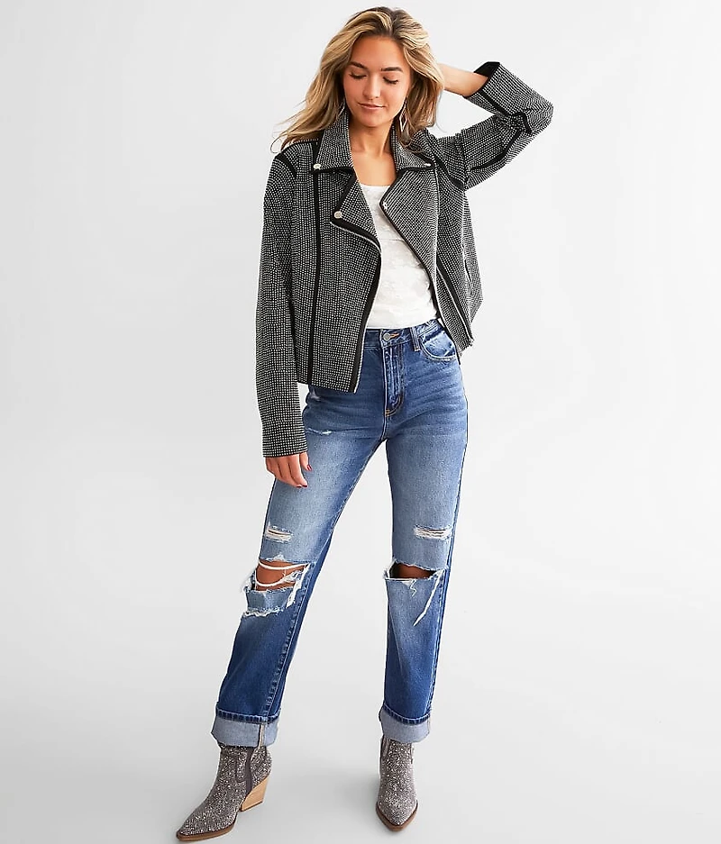 Rhinestone Studded Moto Jacket