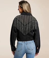 Chevron Metallic Fringe Denim Jacket