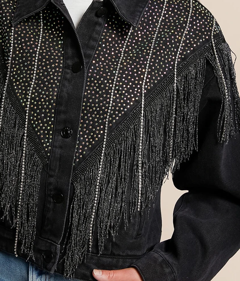 Chevron Metallic Fringe Denim Jacket
