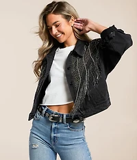 Chevron Metallic Fringe Denim Jacket