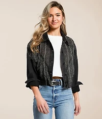 Chevron Metallic Fringe Denim Jacket