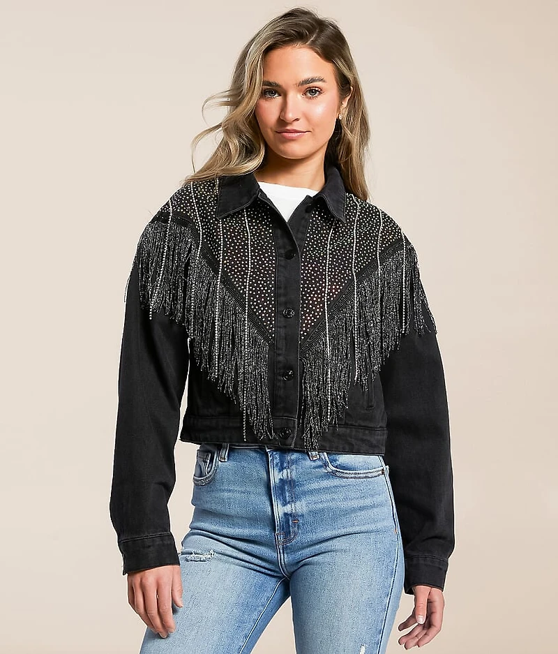 Chevron Metallic Fringe Denim Jacket