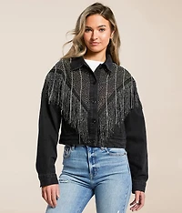 Chevron Metallic Fringe Denim Jacket