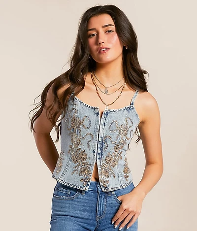 Sequin Denim Cropped Tank Top