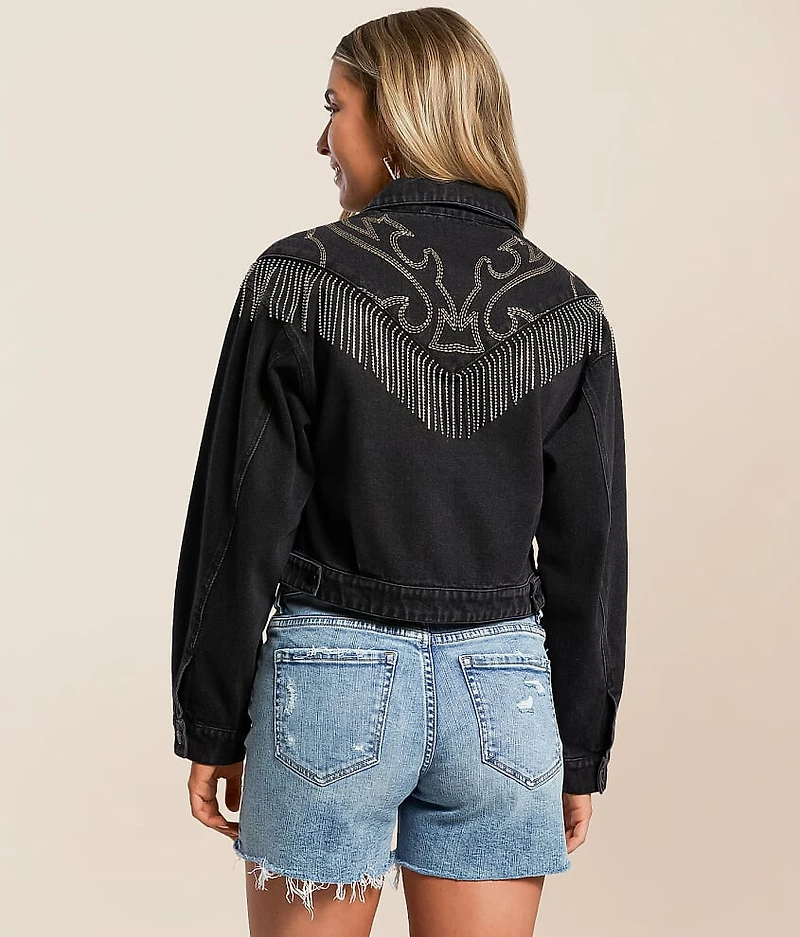 Rhinestone Fringe Cropped Denim Jacket
