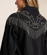 Rhinestone Fringe Cropped Denim Jacket