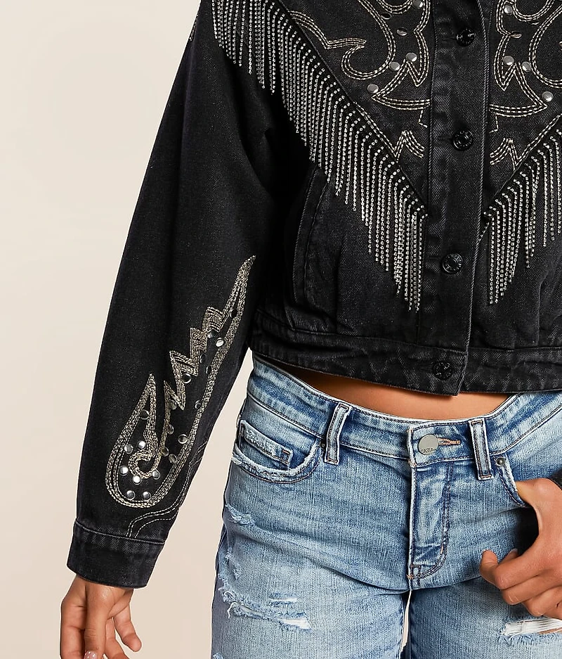 Rhinestone Fringe Cropped Denim Jacket
