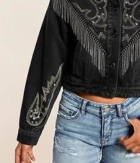 Rhinestone Fringe Cropped Denim Jacket