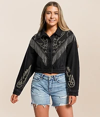 Rhinestone Fringe Cropped Denim Jacket