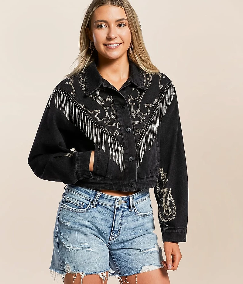 Rhinestone Fringe Cropped Denim Jacket