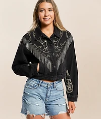 Rhinestone Fringe Cropped Denim Jacket