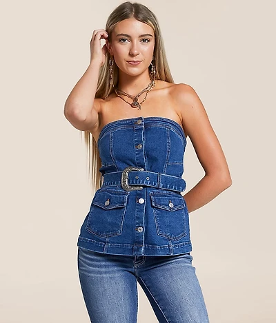 Belted Denim Stretch Tube Top