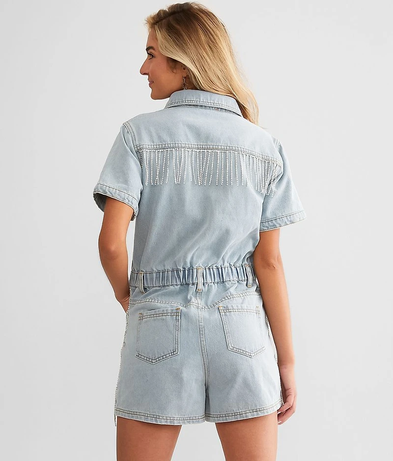 Rhinestone Fringe Denim Romper