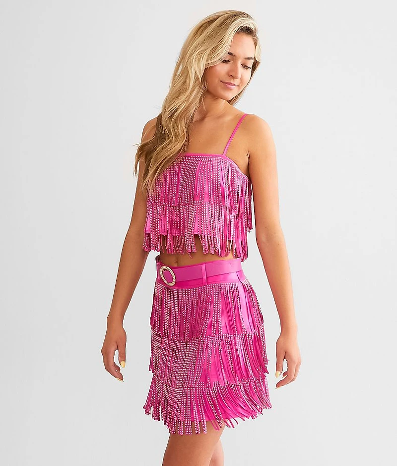 Tiered Rhinestone Fringe Cropped Tank Top