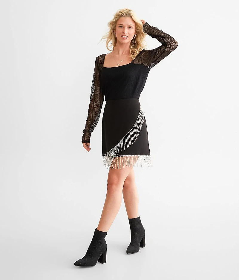 Rhinestone Fringe Surplice Skirt