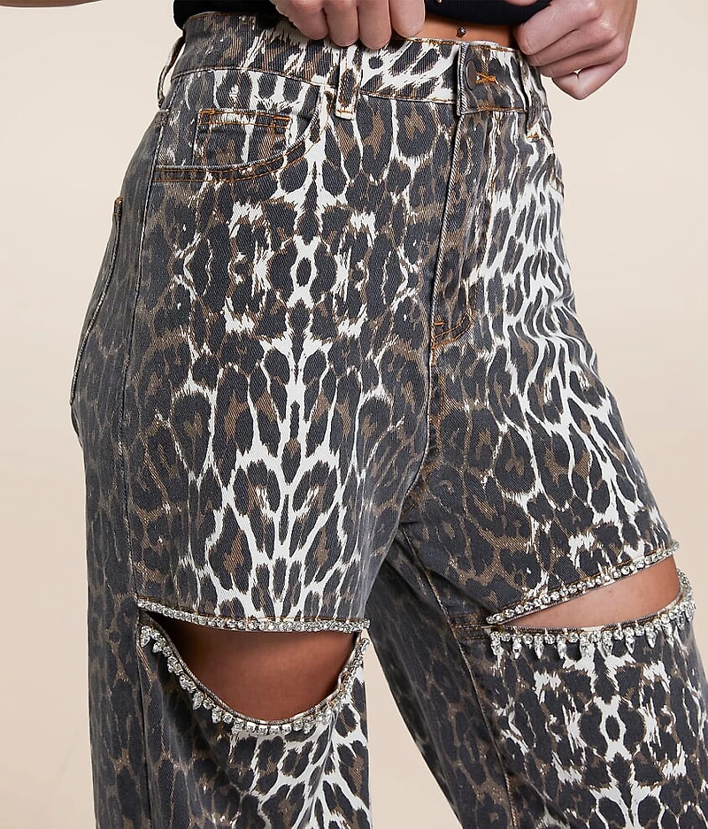 Ultra High Rise Wide Leg Rhinestone Leopard Jean
