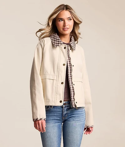 Plaid Trim Denim Jacket