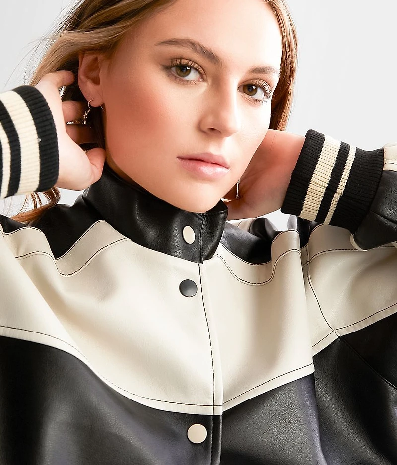 Faux Leather Color Block Jacket