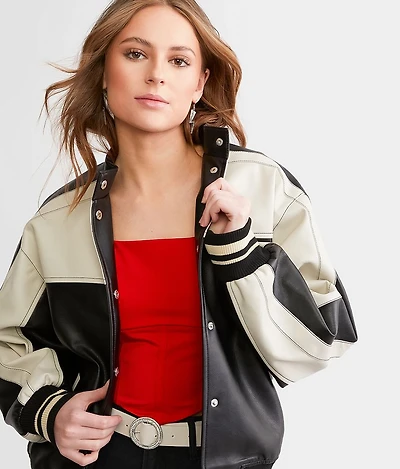 Faux Leather Color Block Jacket