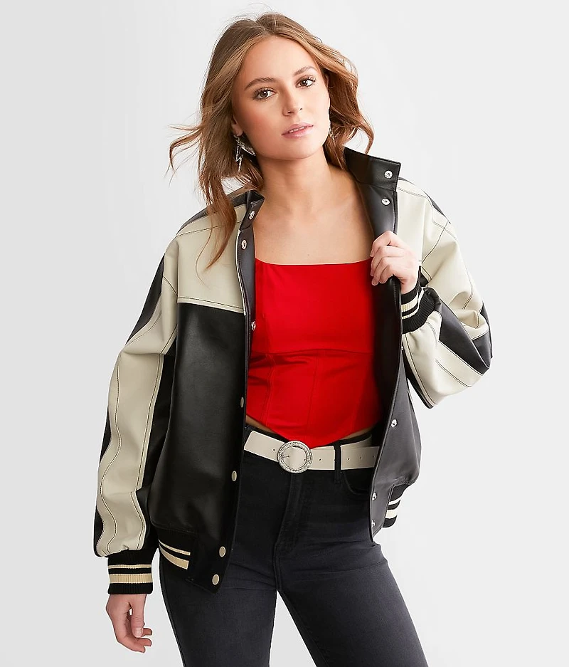 Faux Leather Color Block Jacket