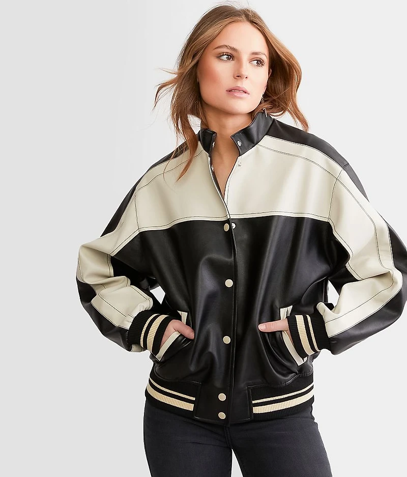 Faux Leather Color Block Jacket