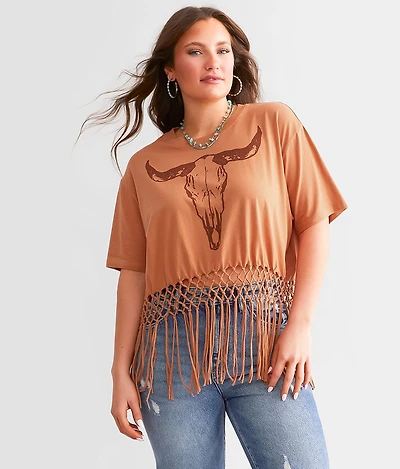 Steer Macrame Fringe Cropped T-Shirt