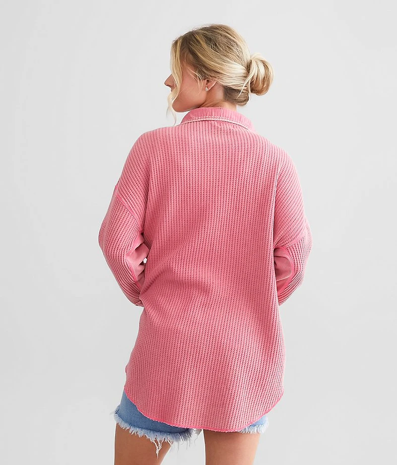Washed Waffle Knit Boyfriend Shirt