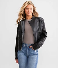 Textured Mock Neck Moto Jacket