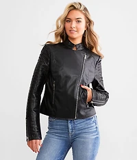 Textured Mock Neck Moto Jacket
