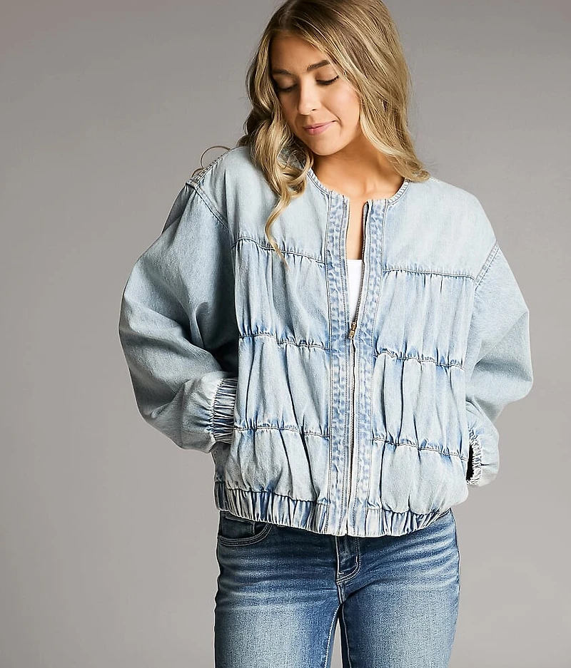 Ruched Denim Bomber Jacket